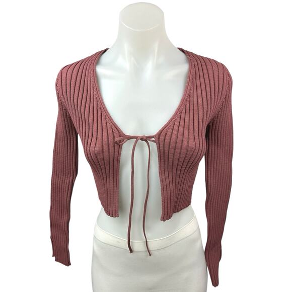 Zara Mauve Brown Ribbed Knit Tie Front Long Sleeve Crop Cardigan Sweater Top S - Picture 1 of 5
